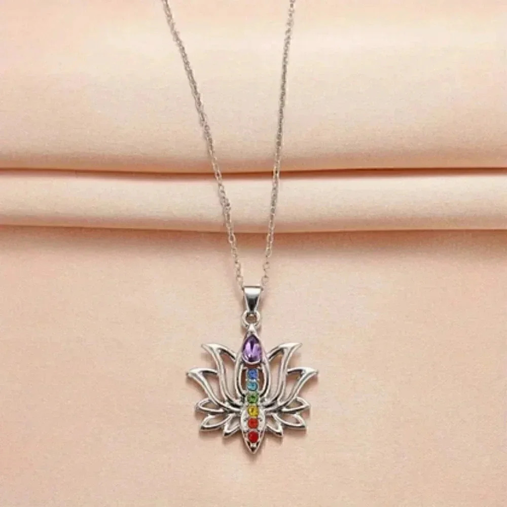 Silver Colorful Rhinestone Lotus Necklace